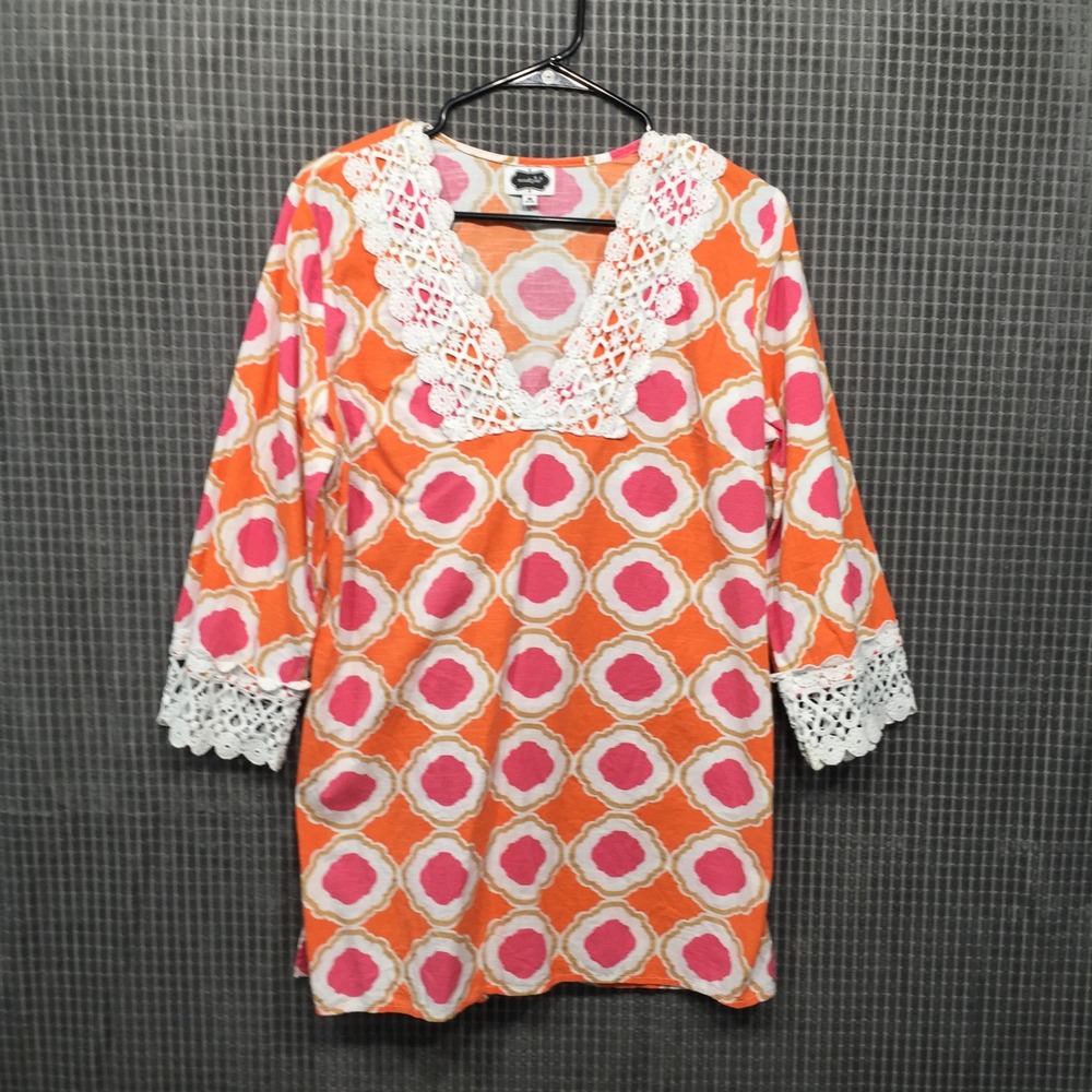 Mud Pie Orange Pink Medallion Crochet Lace V-Neck Tunic Top Swim Cover Up Medium